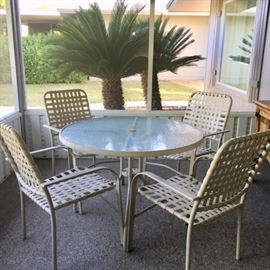 Metal/Glass Patio Table w/ 4 Strapping Armchairs