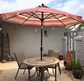 Fiberglass (Stone-look) Patio table, 2 Armchairs, Umbrella, Chiminea