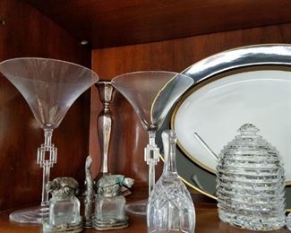 Baccarat champagne glasses, Waterford honey jar, Fitz and Floyd platter
