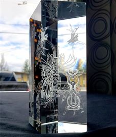 #18 - Engraved glass pentagon-shaped prism with characters from "The Nutcracker" by glass artist Eric Hilton