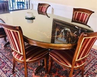 TRADITIONAL FORMAL DINING TABLE WITH NEWLY UPHOLSTERED 6 CHAIRS
(94”L x 47”W x 30”H)