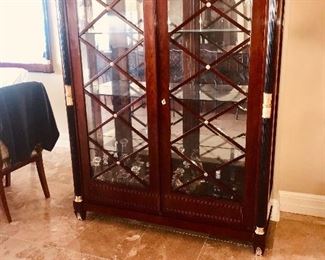 LUXURIOUS VERSACE STYLE CHINA CABINET WITH GILDED GOLD ACCENTS AND GREEK KEY DESIGN-CHINA CABINET MEASURES (61"W x 16.5"D x 78.5"H)