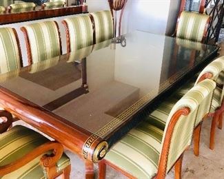 LUXURIOUS VERSACE STYLE FORMAL DINING TABLE & 8 CHAIRS WITH GILDED GOLD ACCENTS AND GREEK KEY DESIGN-TABLE MEASURES (101"L x 50"W x 32"H)