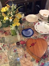 Assorted Vintage Glass, Silt Flowers, Wooden Heart Box, Cardinals