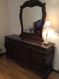 Carved Mirrored Dresser w Marbled Top, Lamp