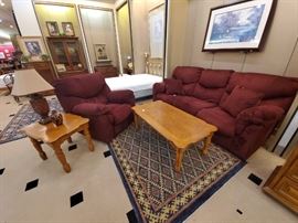 Corduroy burgundy couch and oversized matching POWER chair.  The couch has recliners on both ends.  Great condition!