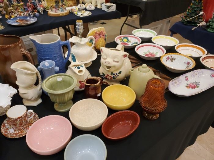 These pretty spring colored bowls are McCoy!  We have Ms. Smiley Pig Pitcher, and 2 stoneware crock like pitchers that I really like.