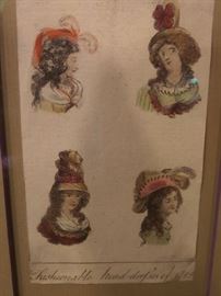 Collection of ladies' hats, orginial color engravings published in 1970 , top mounted in gold leaf beaded frame with super glass, designed by Mrs. Howard Conhaim. Tulas OK