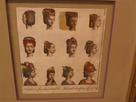 Collection of ladies' hats, orginial color engravings published in 1970 , top mounted in gold leaf beaded frame with super glass, designed by Mrs. Howard Conhaim. Tulas OK