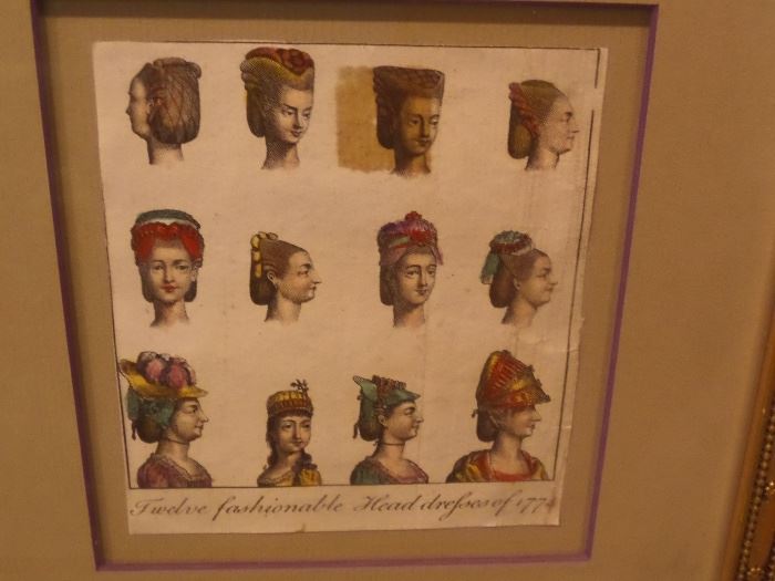 Collection of ladies' hats, orginial color engravings published in 1970 , top mounted in gold leaf beaded frame with super glass, designed by Mrs. Howard Conhaim. Tulas OK