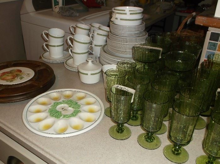 Correlleware and green glass goblets