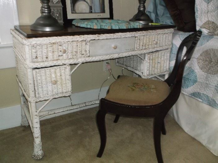 Vintage wicker desk and Victorian chair 
