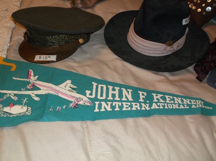 Vintage JFK airport pennant and vintage men's hats