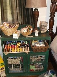 Sewing supplies and green paint cabinet w/wire doors