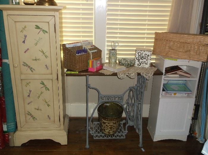 Small painted cabinets and Singer sewing machine base
