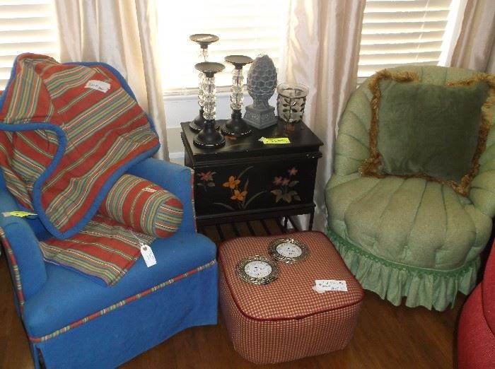 Side chairs, ottoman, and small trunk on stand