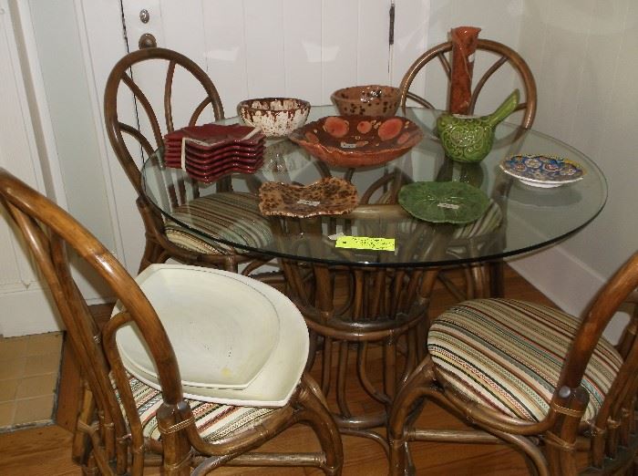 Glass top faux bamboo table and four chairs 
