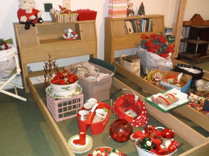 Lots of Christmas decorations and pair of vintage bookcase beds