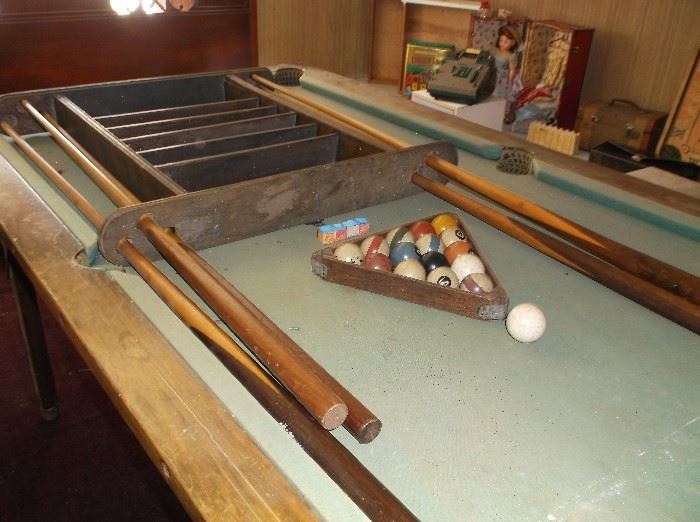 Burrowes billiard table w/six cues, cue rack, balls and rack