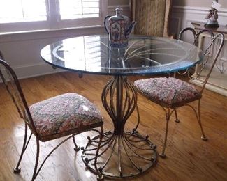 Woodard wrought iron table and two chairs