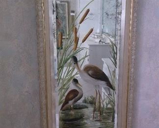 Antique mirror w/hand painted cranes