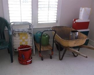 Coolers, wheel barrow, cart, lawn chairs