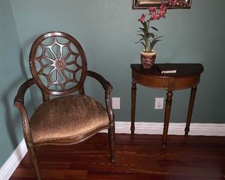 Small half moon lamp table, and
cobweb-back upholstered wooden side chair