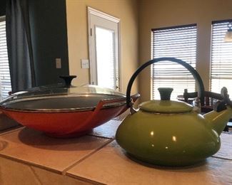 Le Cruset Wok, and enamel teapot kettle