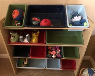 Toy storage bins on stand
