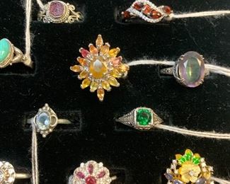  Sterling silver rings with yellow sapphires, carved mother of pearl, Mystic Quartz , rubies, and more 