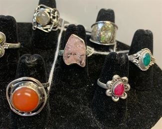  Sterling silver rings with rough opals, carnelian, another semi precious gemstones 