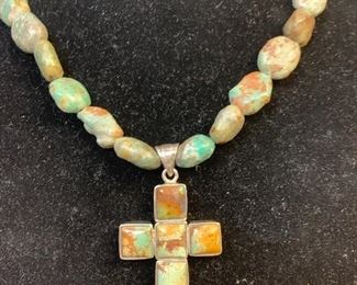 Sterling silver and chunky  turquoise necklace  with sterling and turquoise cross pendant 