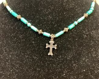 Sterling silver and turquoise necklace with sterling cross pendant