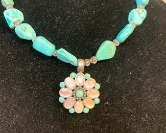 Sterling silver and chunky turquoise necklace with sterling silver, turquoise, and mother of pearl pendant