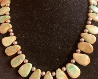 Natural green turquoise and sterling silver necklace