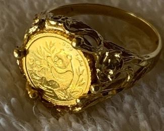 1991 .999 Gold Panda Coin set in 14k gold ring Sz 4.5