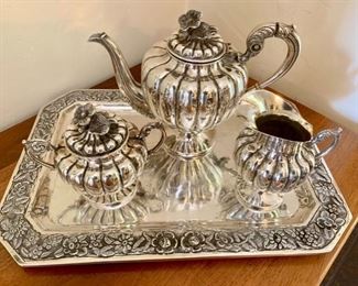 1930's Deep Repousse Sterling  Coffee Pot, Creamer,  Covered Sugar and Tray, by J. Vigueras, from his Mexico City Plateria