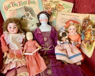 Antique German Bisque Dolls with Leather Bodies; Older Handmade Wooden Dolls and Apple Doll