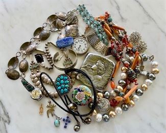 Costume and Ethnic Jewelry, incl. Native American Silver and Turquoise;  Glass and Rhinestone Pieces
