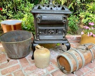 Old Chromo Iron Stove, P. and B. Mfg. Co., Nashville; Antique Jelly Pan; Handmade Southern Jug; Barrel, Etc.