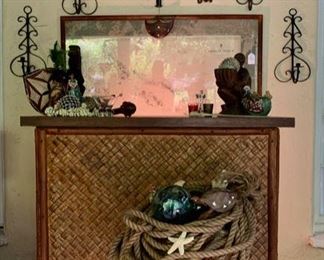 Rattan Bar; South Seas Decor incl. Glass Floats,  Shell Collection, Hand-Carved Melanesian Masks and Figures, Framed Map of The Solomon Islands (Printed in Australia)