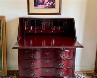 Classic Fine Mahogany Serpentine Dropfront Desk;  Framed Photo of Carmel Mission
