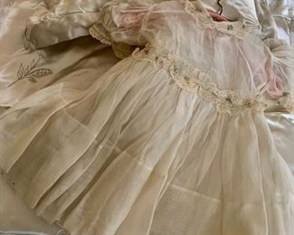 Beautifully Embroidered Baptism Quilt and Pillow;  Embroidered Organdy Child's Dress