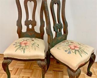 Pair of Antique Scandinavian Polly-Chrome Stenciled Tall Back Chairs, Ball & Claw Feet, original finish