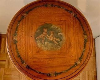 Edwardian Satinwood Stand with hand painted cherub and garland decoration (top detail)