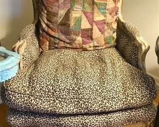 Louis XV Style Bergere Chair, Carved Frame, hand-rubbed finish, Leopard-Printed Upholstery
