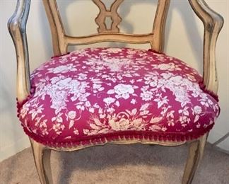 French Style Open Arm Chair, Hand-Rubbed Cream Finish, Deep-Rose Floral Seat 