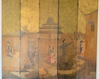 Early 20th C. Hand Painted Scenic Folding Screen