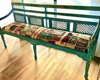 Painted Bench With Patchwork Upholstered Seat