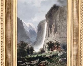 Eugene Deshayes (French, 1828-1890) Staubach Falls, oil on panel, 15-1/4" x 10-3/4", in gilt frame